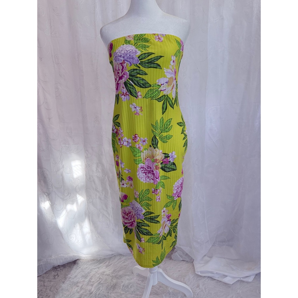 Love Yellow Green Floral Ribbed Strapless Midi Tube Dress XL